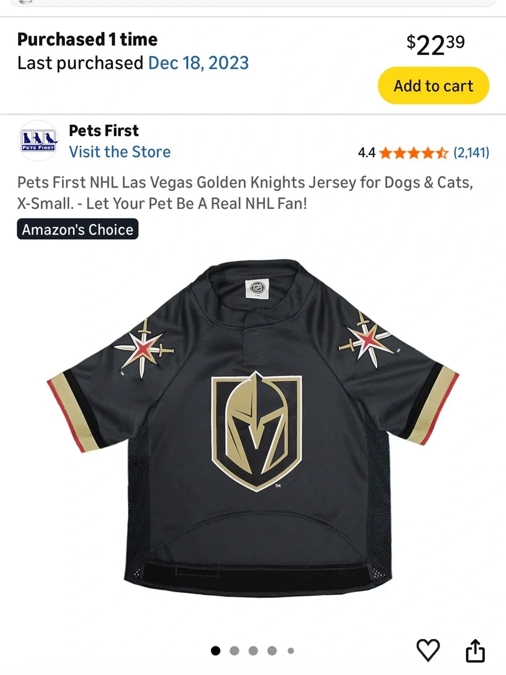 NWOT Pets First NHL Las Vegas Golden Knights Jersey for Dogs & Cats Size XS